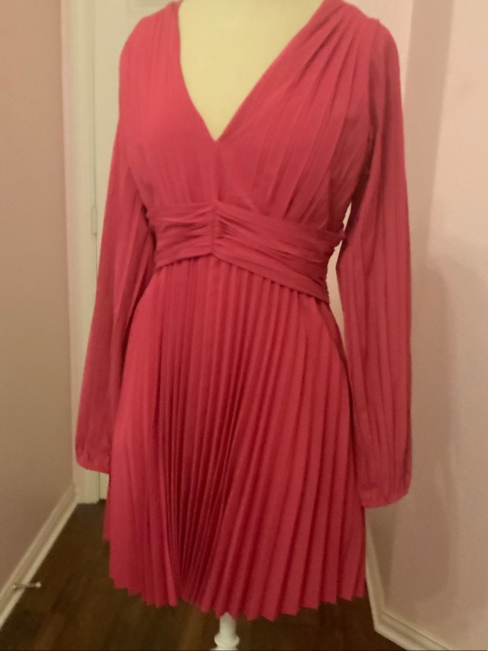 Anthropologie Coral Pink Pleated V-Neck Long Sleeve Dress